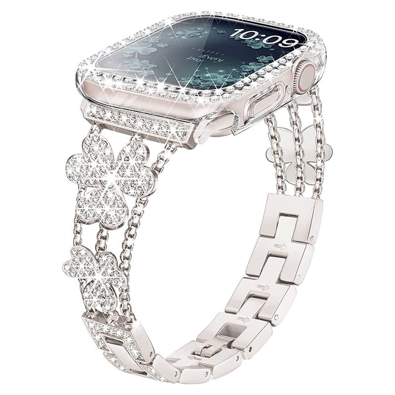 Clover Rhinestone Metal Watch Band – Fits Series 1–9 (Silver/Gold/Rose Gold)