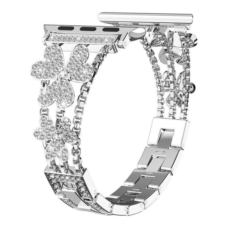 Clover Rhinestone Metal Watch Band – Fits Series 1–9 (Silver/Gold/Rose Gold)